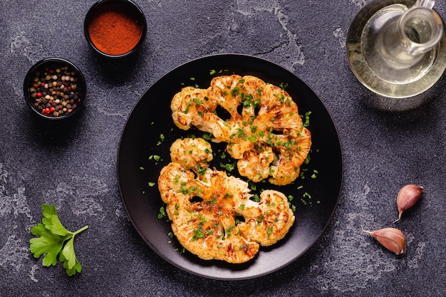 Cauliflower steak with spices cooked in the oven top view