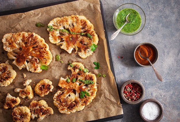 Cauliflower steaks with herb and spice on baking tray. plant based meat substitute