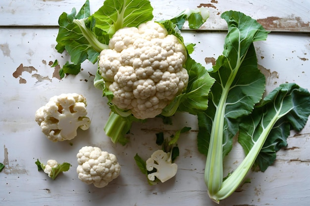 Cauliflower on a white wooden background Fresh cauliflower