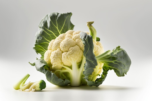 A cauliflower with green leaves and a stem with a leaf on it