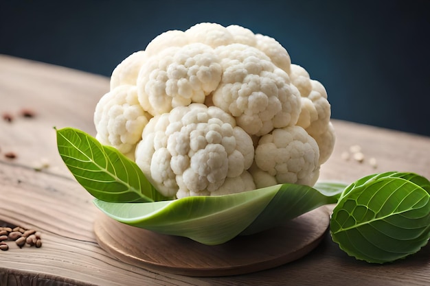 A cauliflower on a wooden table