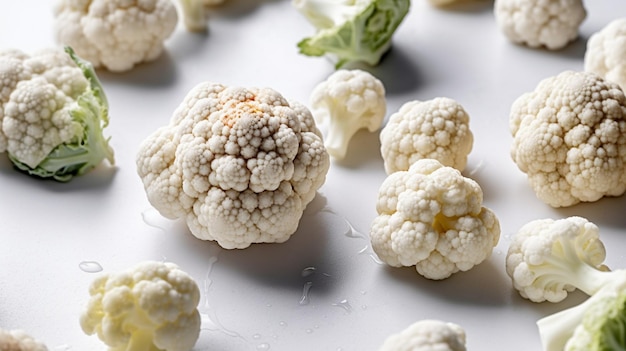 Cauliflowers on a table with a few drops of water on them