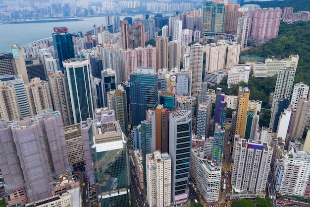 Causeway Bay, Hong Kong 07 May 2019: Drone fly over Hong Kong city