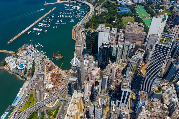 Causeway Bay, Hong Kong 11 September 2019: Top view of Hong Kong island side