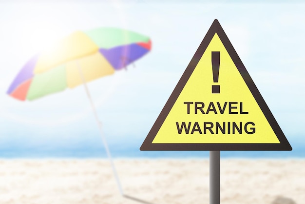 Caution sign of new variant of covid 19 omicron on the beach. Travel Warning concept