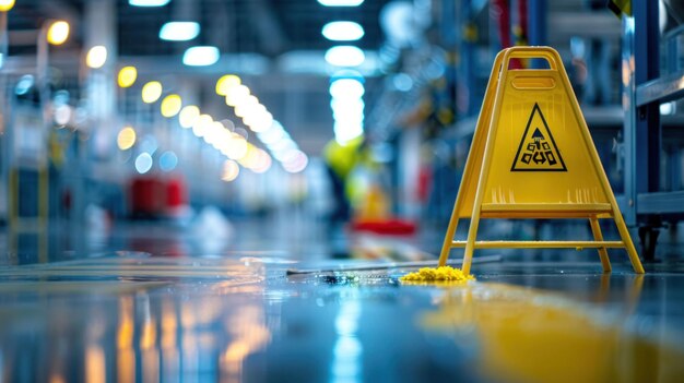 Photo caution sign on wet floor in industrial area of office building for safety and hazard prevention