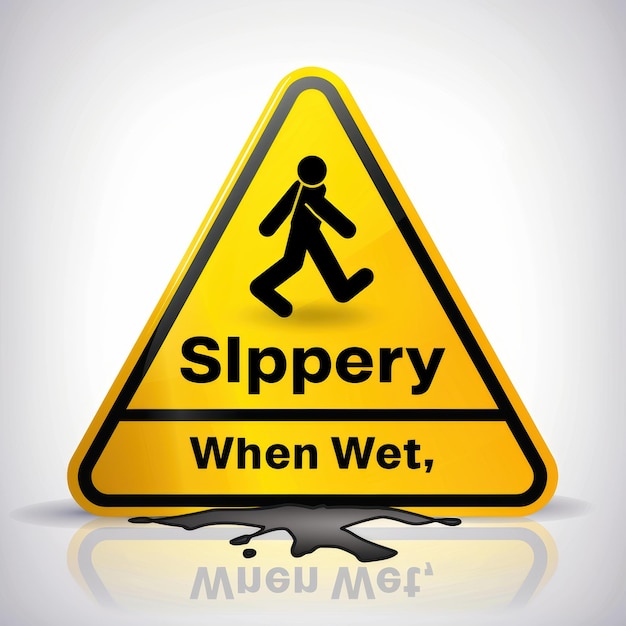 Caution slippery surface warning with yellow triangular sign to prevent accidents