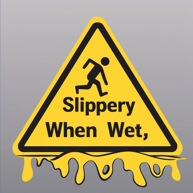 Caution wet surface warning sign covered in slime with a running stick figure