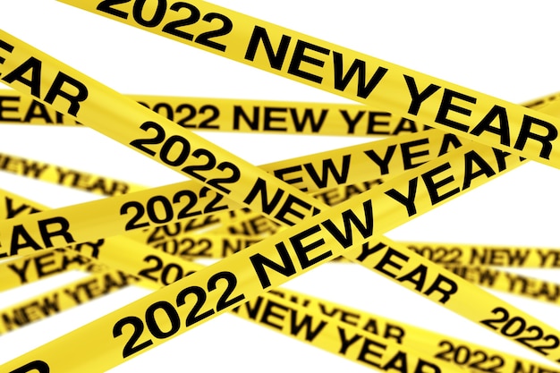 Caution Yellow Tape Strips with 2022 New Year Sign on a white background. 3d Rendering