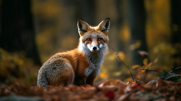 Cautious fox stopped at the edge of the forest in autumn leaves