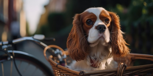 Cavalier King Charles Spaniel dog have fun bicycle ride on sunshine day morning in summer on town street