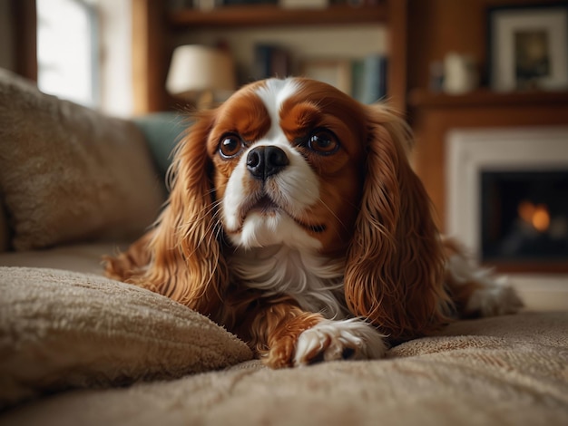 a Cavalier King Charles Spaniel dog is sitting on a couch with a book behind it