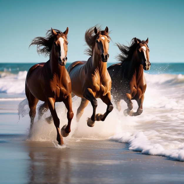 Cavalos marrom correndo em praia deserta