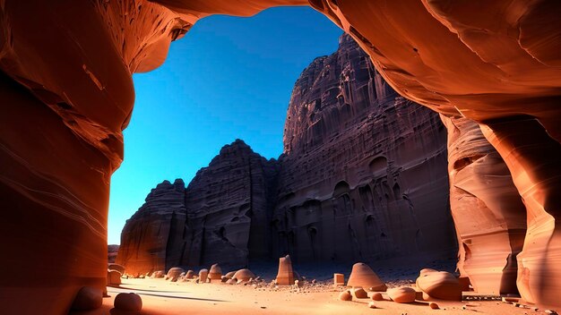 A cave in the desert with the sun shining on the rocks