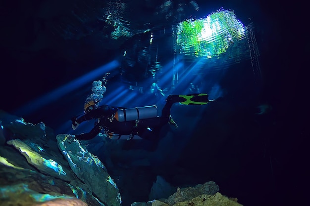 cave diving, diver underwater, dark cave, cavern landscape