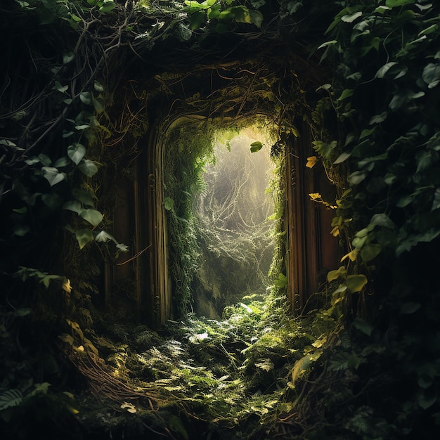 A cave entrance is covered with vines and moss from the forest