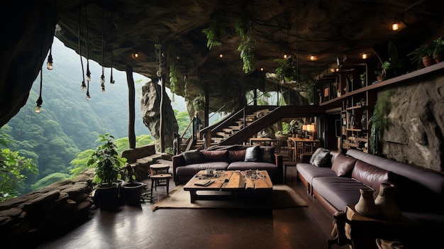 Cave interior in the mountains with wooden terrace and leather sofa