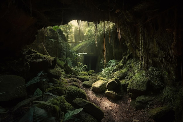 A cave in the jungle with moss and plants