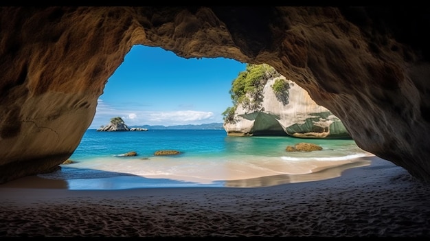 A cave in the ocean with a blue sky and a beach in the background