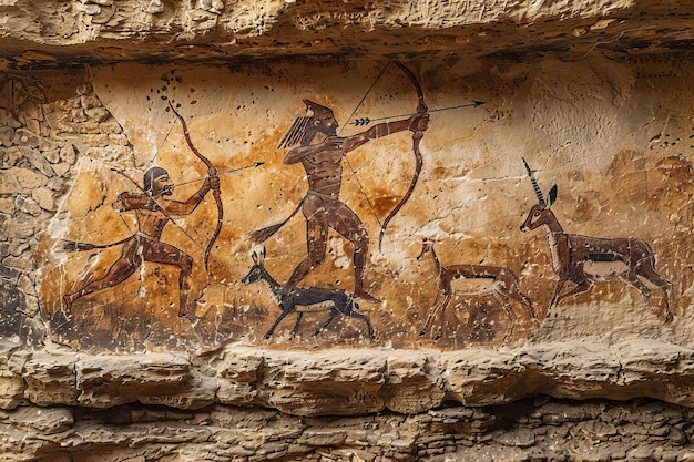 A cave painting of an archer hunting antelope painted