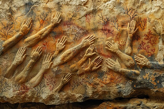 A cave painting of many human hands the rock wall is painted with an orange and brown color palette