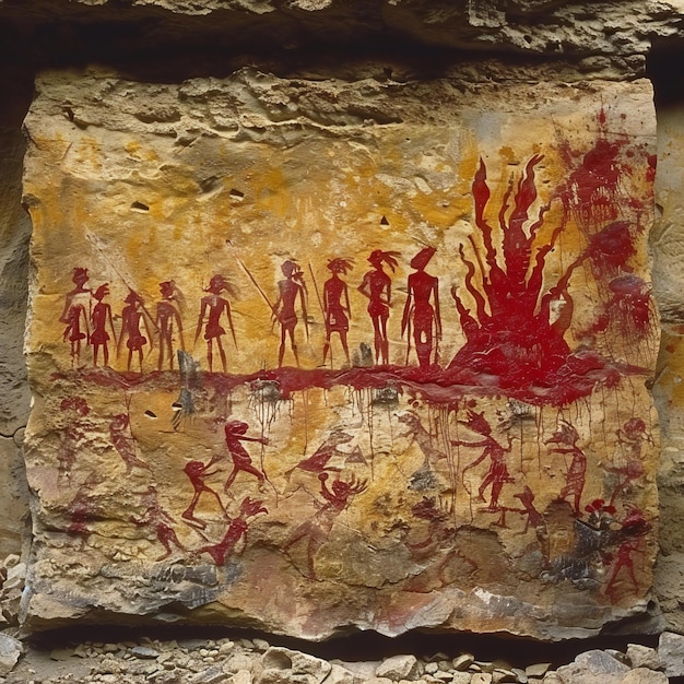 Photo cave painting of tribal men and women with red paint on yellow rock wall