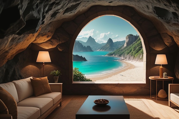 Cave stone roof original ecological theme hotel housing sea view villa room blue sea view