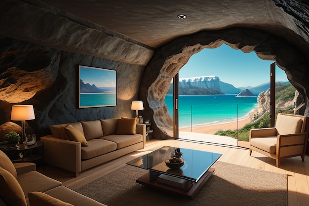 Cave stone roof original ecological theme hotel housing sea view villa room blue sea view