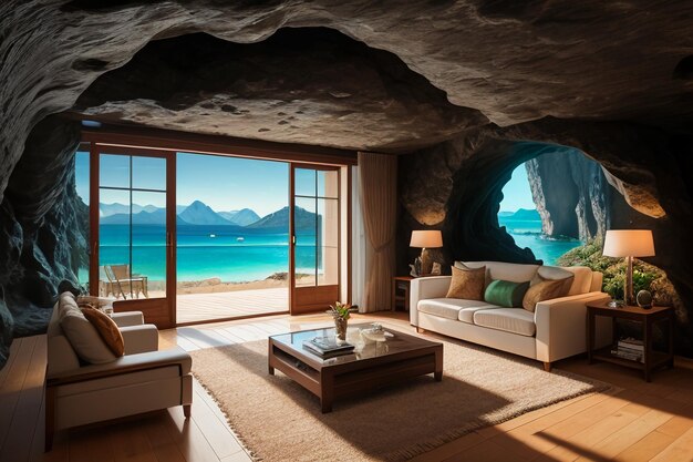 Cave stone roof original ecological theme hotel housing sea view villa room blue sea view