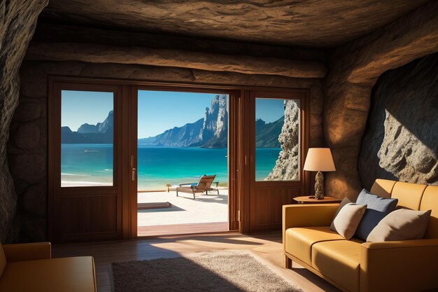 Cave stone roof original ecological theme hotel housing sea view villa room blue sea view