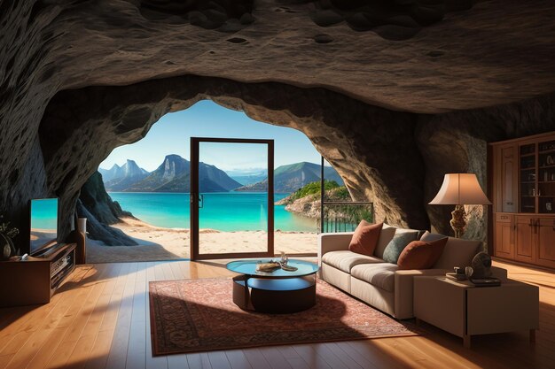 Cave stone roof original ecological theme hotel housing sea view villa room blue sea view