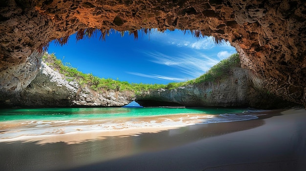 a cave with a beach and a blue sky in the background