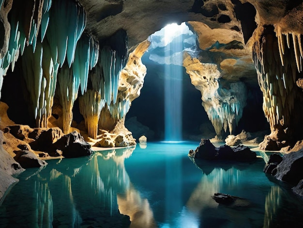 Photo a cave with a beautiful view in the cave in the night