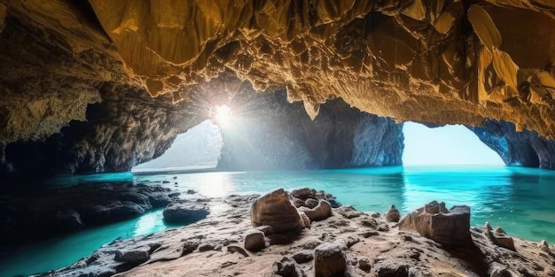 A cave with a blue sky and the sun shining through it