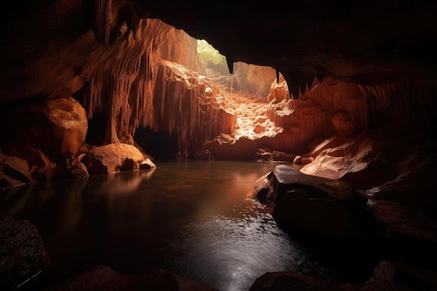 Cave with cascading waterfall creating a tranquil and serene atmosphere created with generative ai