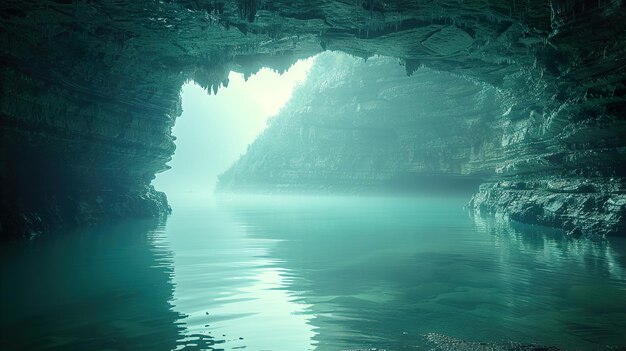 a cave with a cave inside that has a light on it