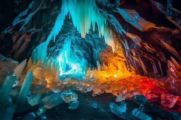 A cave with a colorful light inside