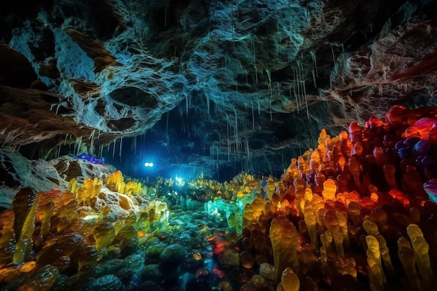 A cave with a colorful light and the word cave in the middle