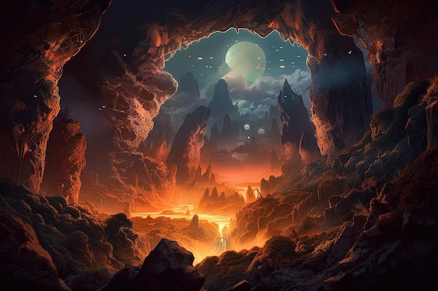 A cave with a fire in the sky