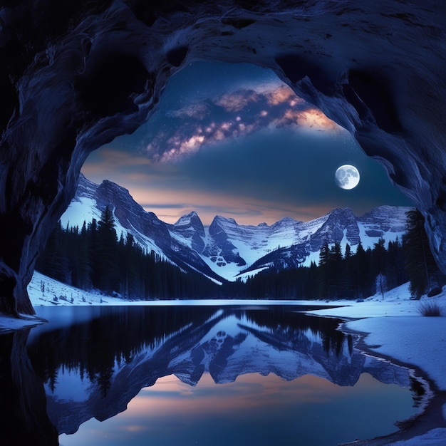 Cave with full moon and mountains in the background