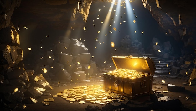 a cave with a gold box that says gold coins