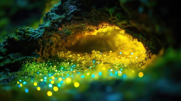 Photo a cave with a green and yellow glitter and a green light