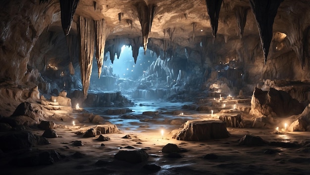 a cave with ice and a blue light on it