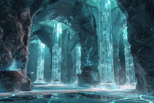 Photo a cave with ice and a cave with a blue and green background