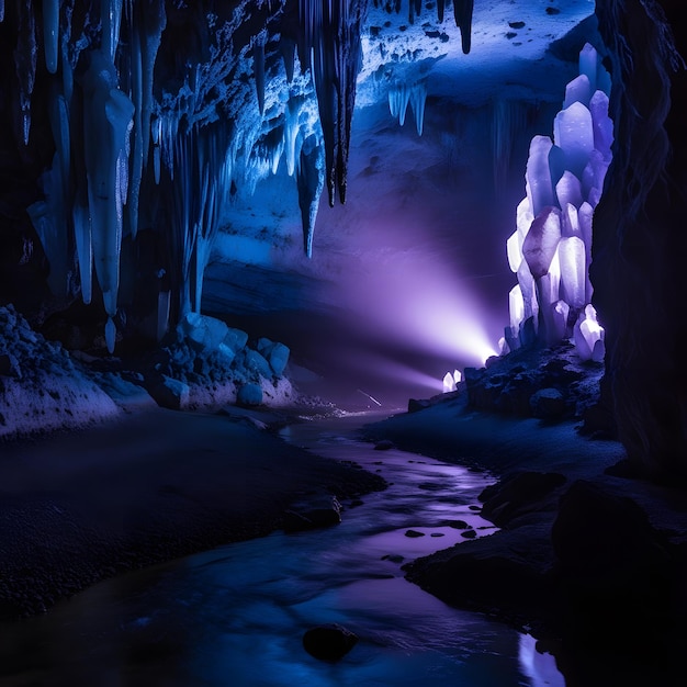 Photo a cave with icicles and a purple light in the middle