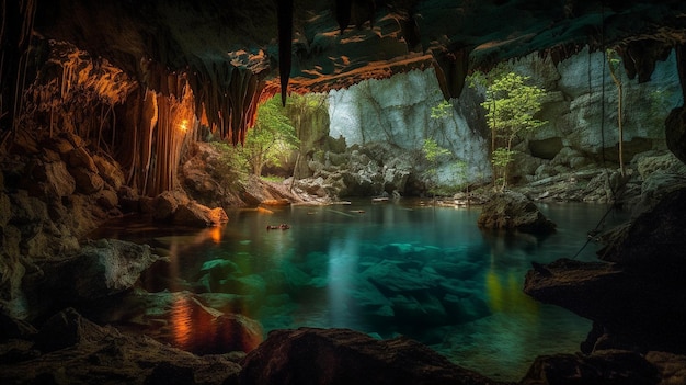 A cave with a lake inside and a forest in the background