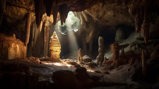 A cave with a light beam coming through it