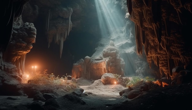 A cave with a light coming through it