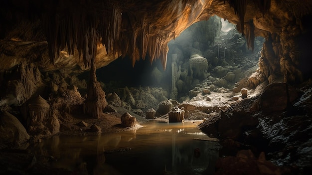 A cave with a light on it and the water is visible.