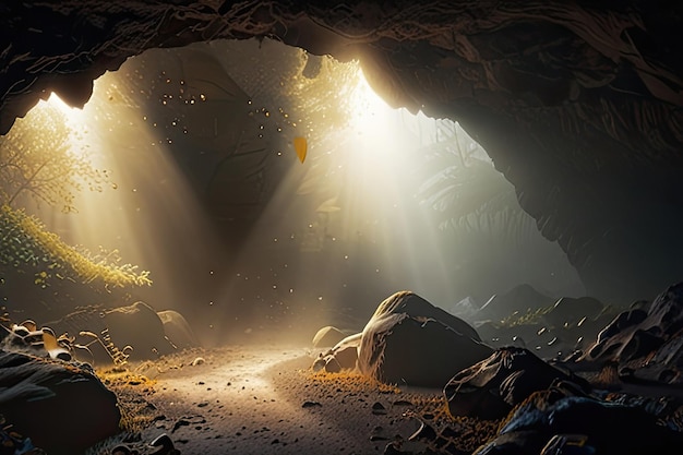 Photo a cave with a light shining through it